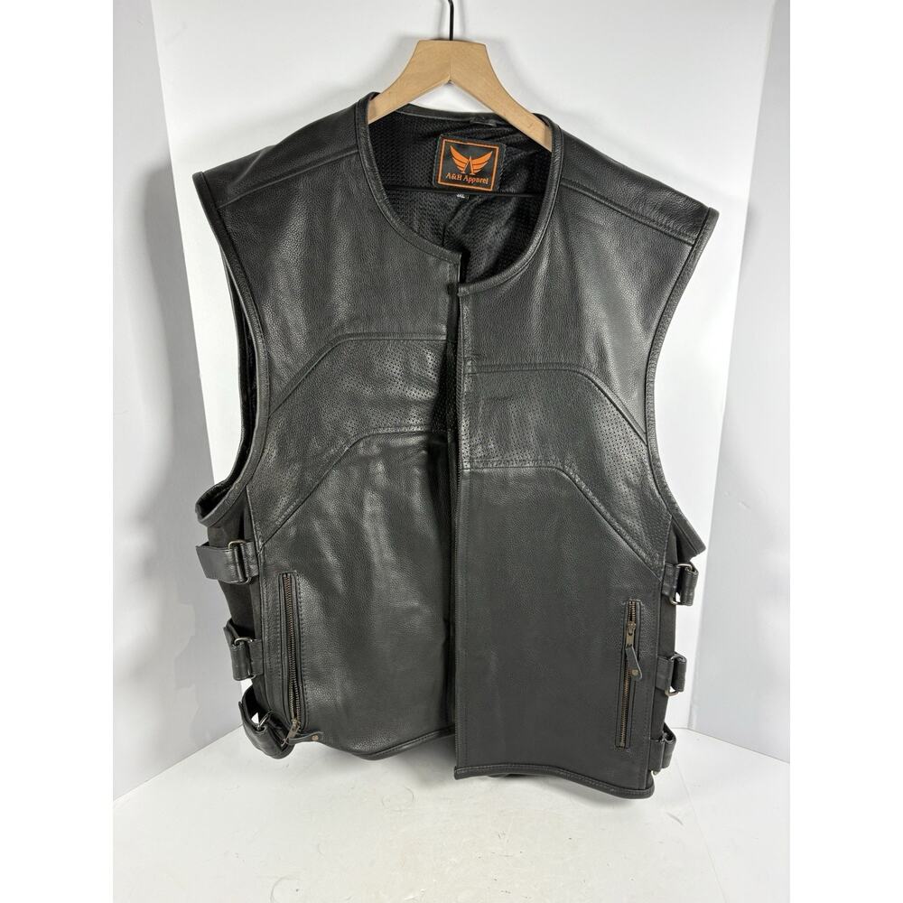 A&H Apparel Men’s Black Leather Motorcycle Vest 3XL Biker Zip Pockets